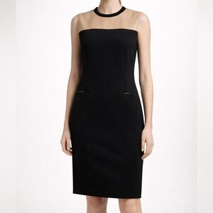 Akris Punto Black Wool Sheath Dress w/ Leather Yoke Size 8